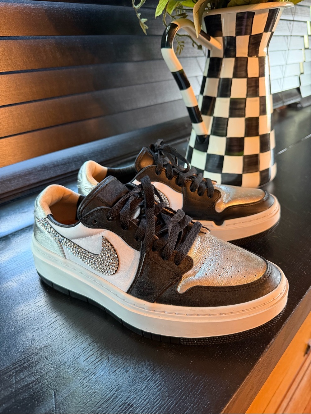 Jordan Low-Top Sneakers in Black, White & Silver with Rhinestone Swoosh